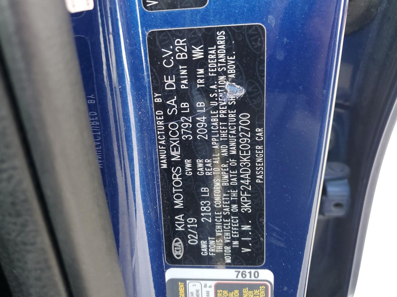 2019 Kia Forte Fe VIN: 3KPF24AD3KE092700 Lot: 83960955