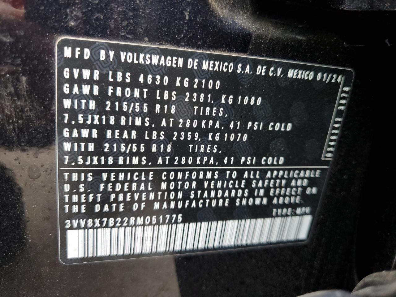 2024 Volkswagen Taos S VIN: 3VV8X7B22RM051775 Lot: 71666165