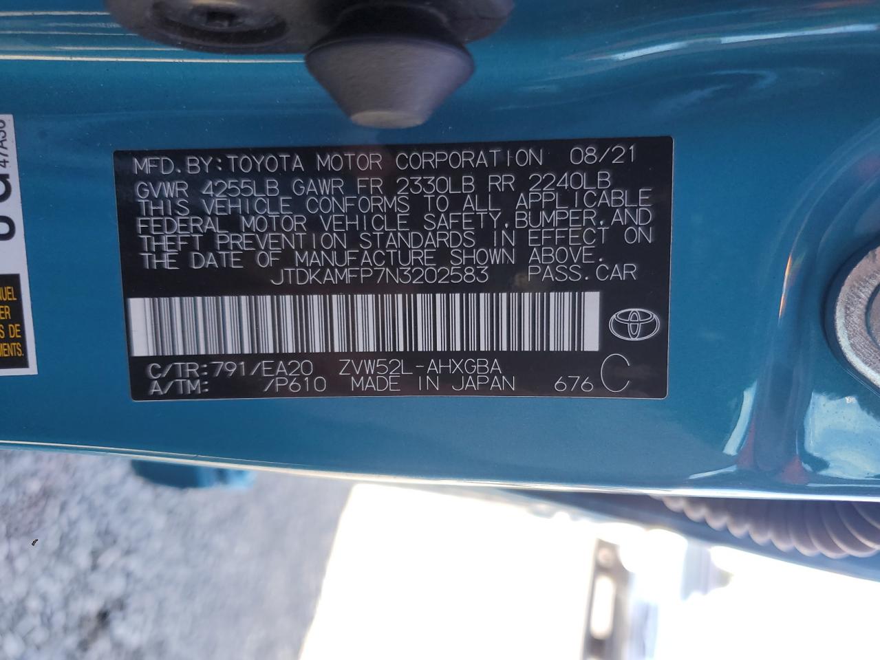 2022 Toyota Prius Prime Le VIN: JTDKAMFP7N3202583 Lot: 81528165