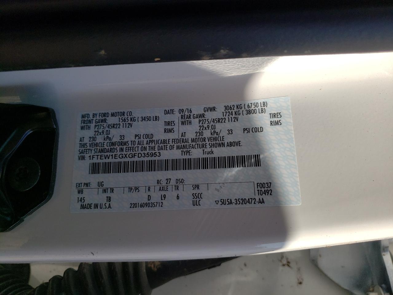 2016 Ford F150 Supercrew VIN: 1FTEW1EGXGFD35953 Lot: 71165685