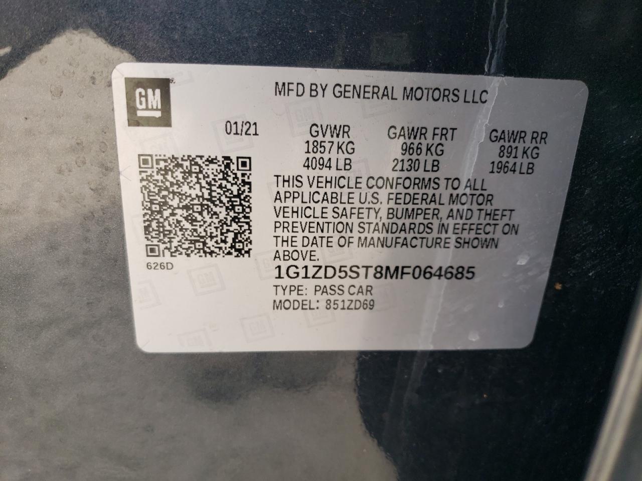 2021 Chevrolet Malibu Lt VIN: 1G1ZD5ST8MF064685 Lot: 82165185