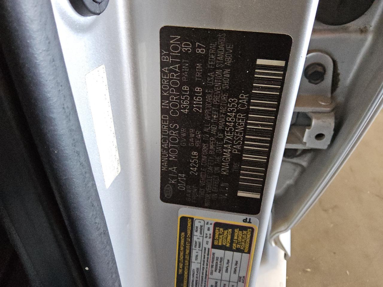 2014 Kia Optima Lx VIN: KNAGM4A7XE5484353 Lot: 68581535