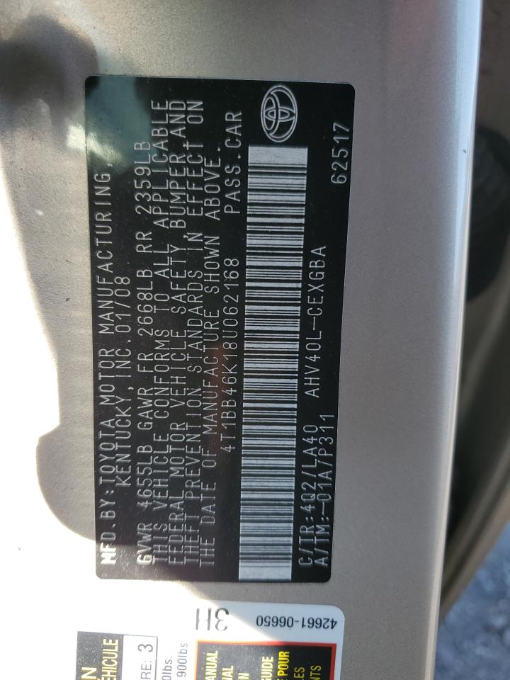 2008 Toyota Camry Hybrid VIN: 4T1BB46K18U062168 Lot: 71674665