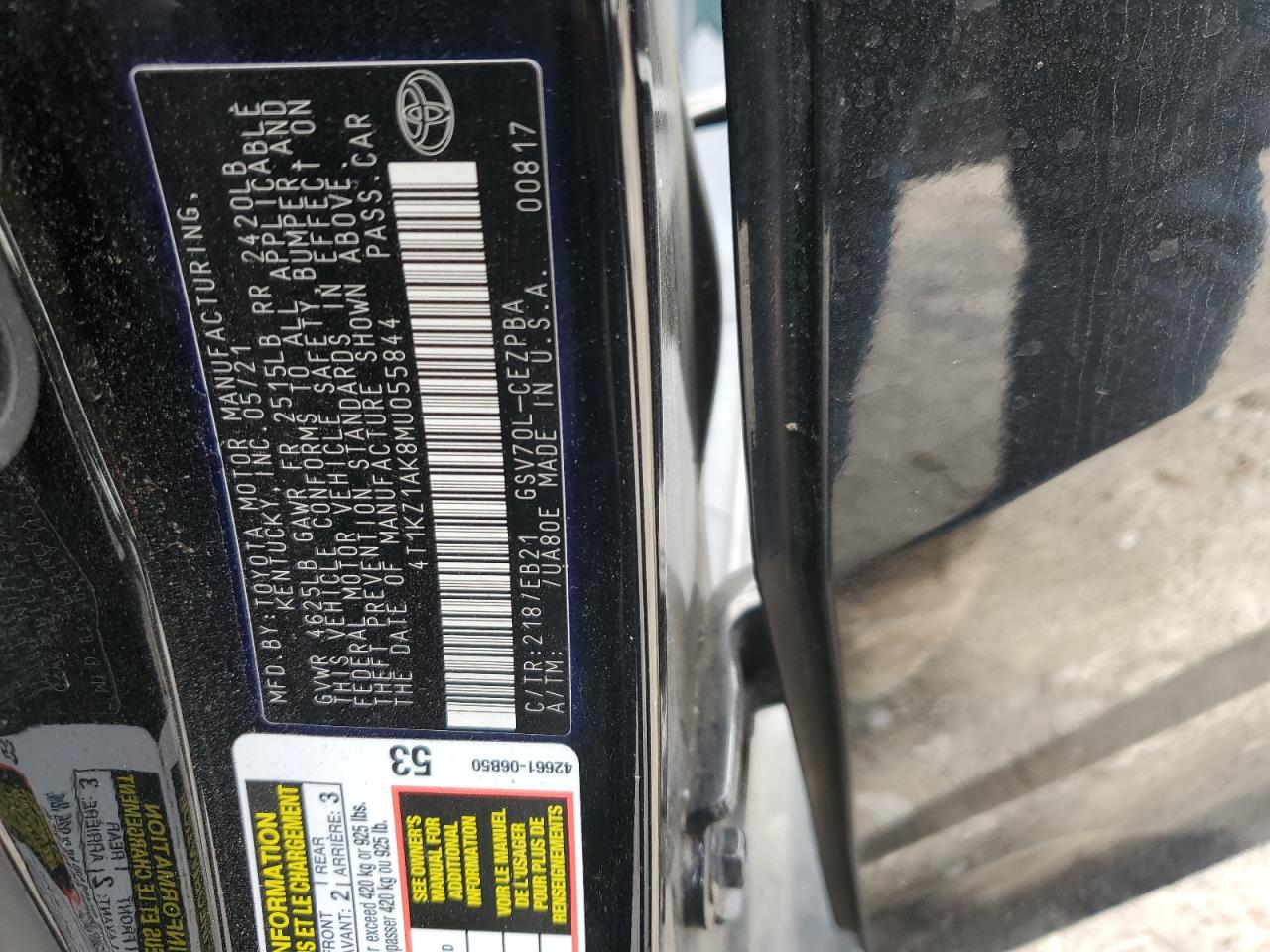 2021 Toyota Camry Trd VIN: 4T1KZ1AK8MU055844 Lot: 81371625