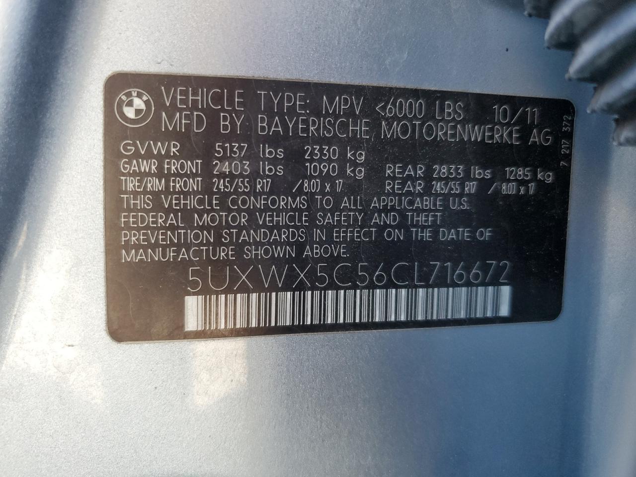 2012 BMW X3 xDrive28I VIN: 5UXWX5C56CL716672 Lot: 71483685