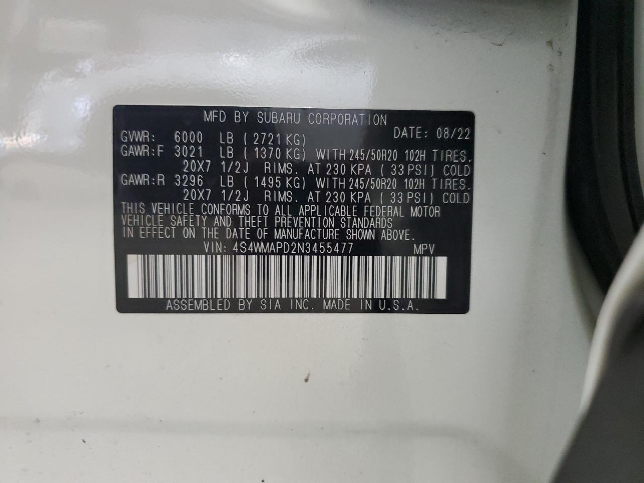 2022 Subaru Ascent Limited VIN: 4S4WMAPD2N3455477 Lot: 81425575