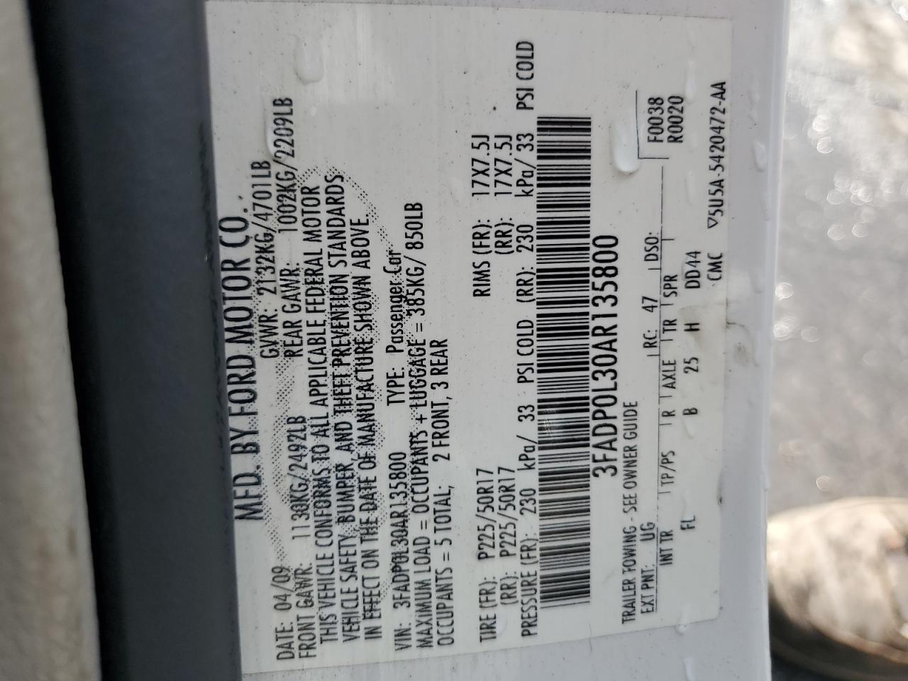 2010 Ford Fusion Hybrid VIN: 3FADP0L30AR135800 Lot: 80471985