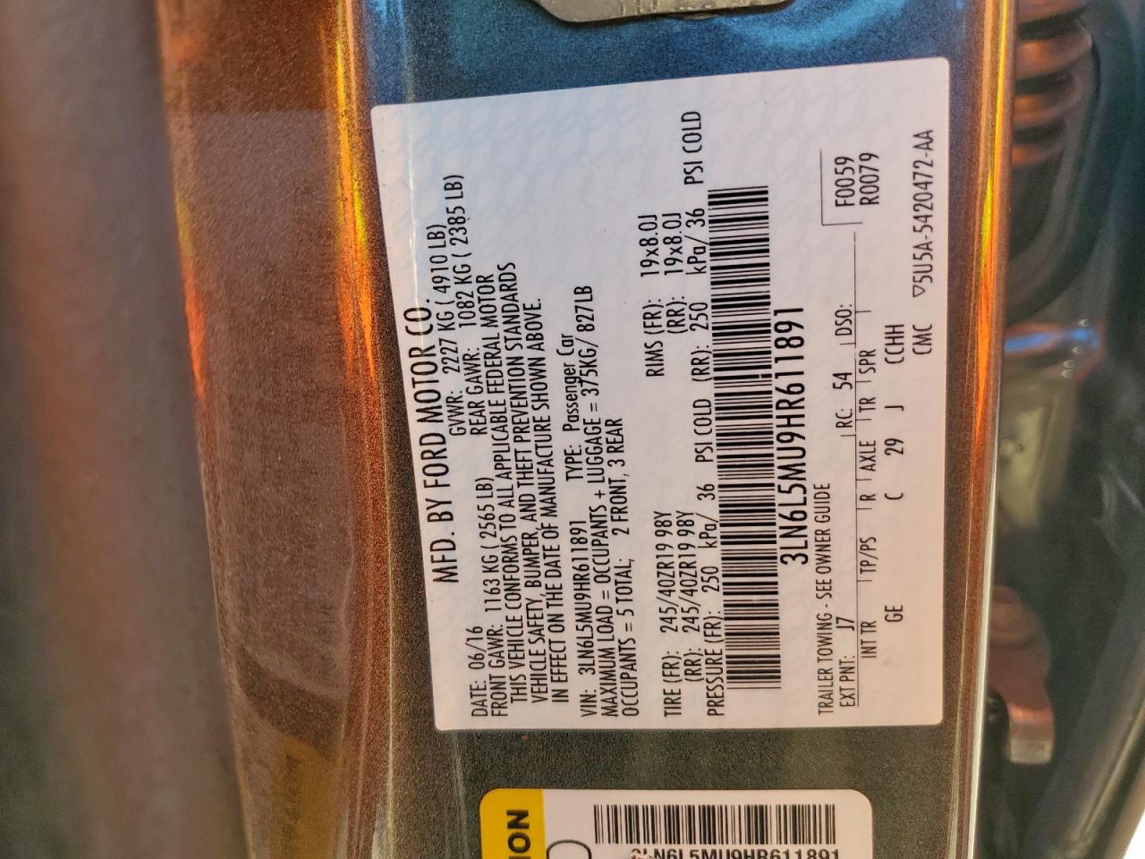 2017 Lincoln Mkz Hybrid Reserve VIN: 3LN6L5MU9HR611891 Lot: 80370185