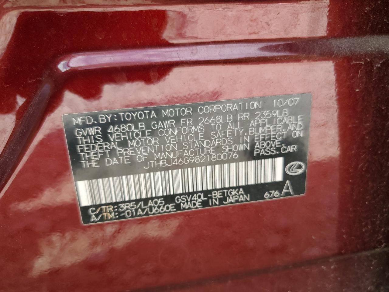 2008 Lexus Es 350 VIN: JTHBJ46G982180076 Lot: 82059425