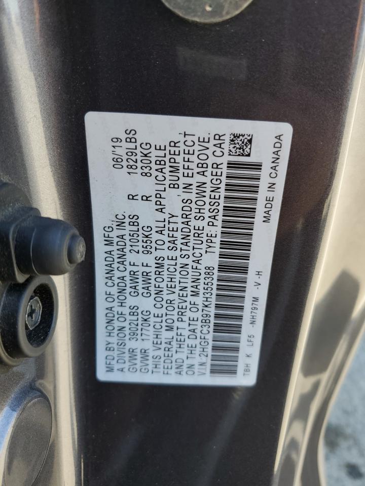 2019 Honda Civic Touring VIN: 2HGFC3B97KH355388 Lot: 71658835