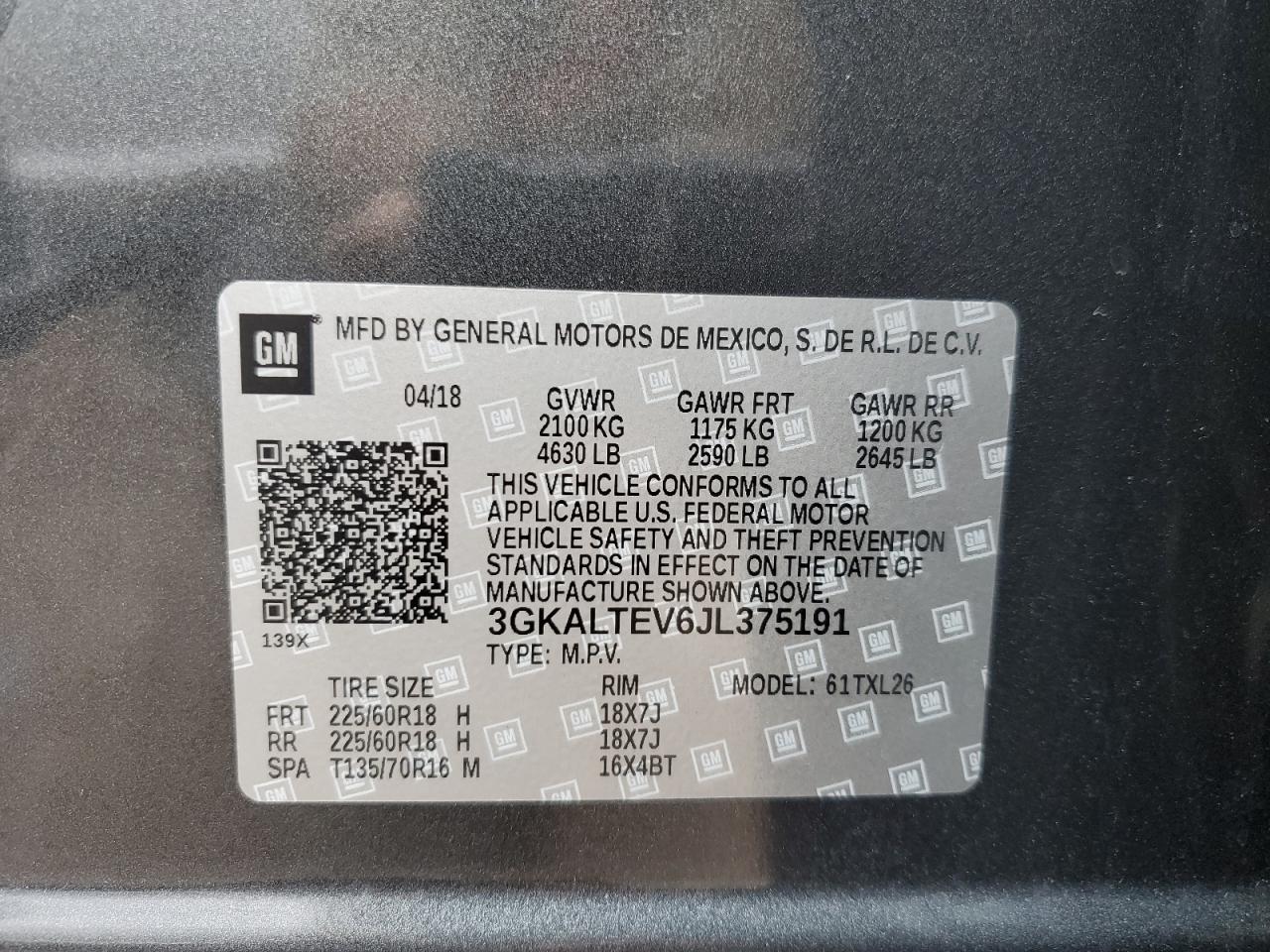 2018 GMC Terrain Sle VIN: 3GKALTEV6JL375191 Lot: 80894695