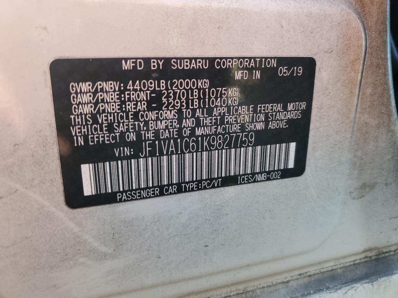 2019 Subaru Wrx Premium VIN: JF1VA1C61K9827759 Lot: 67201275