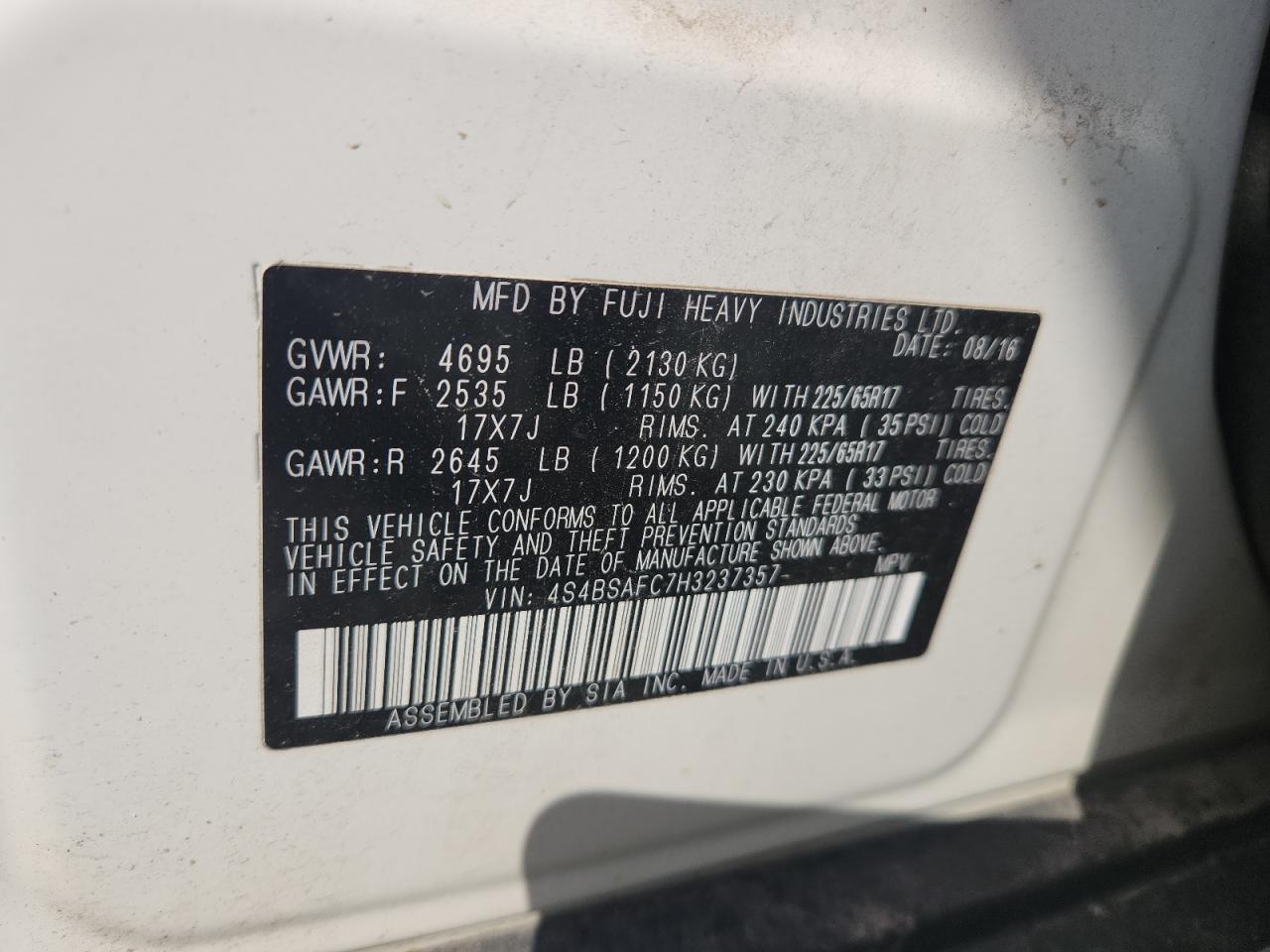 2017 Subaru Outback 2.5I Premium VIN: 4S4BSAFC7H3237357 Lot: 81634865