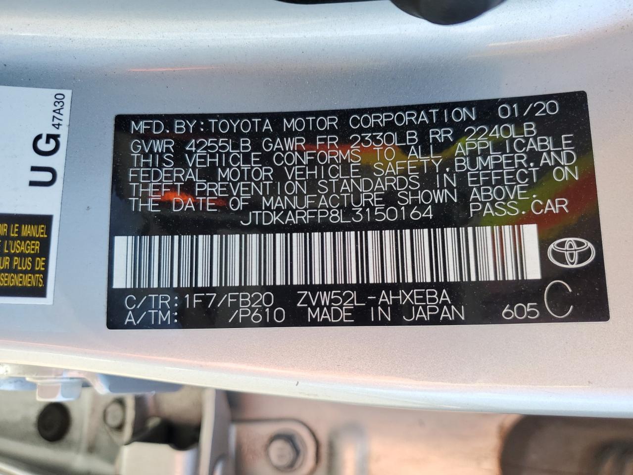 2020 Toyota Prius Prime Le VIN: JTDKARFP8L3150164 Lot: 71283345