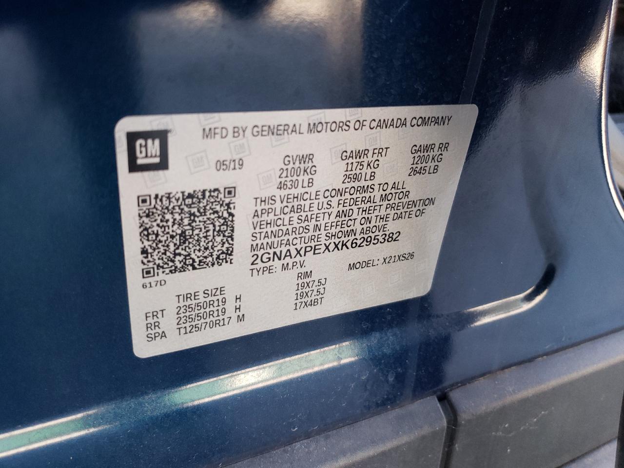 2019 Chevrolet Equinox Premier VIN: 2GNAXPEXXK6295382 Lot: 80184255