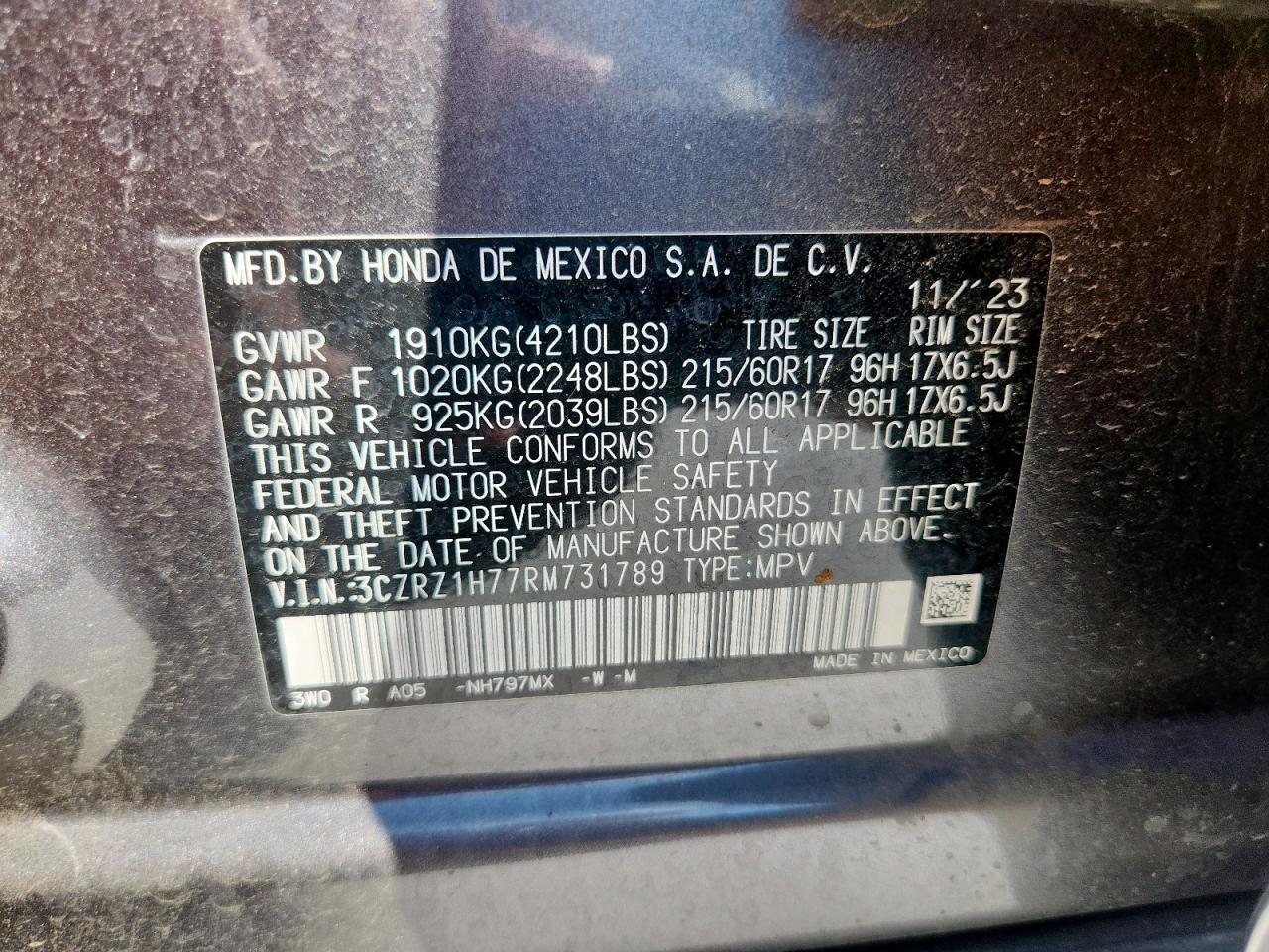 2024 Honda Hr-V Exl VIN: 3CZRZ1H77RM731789 Lot: 81411375