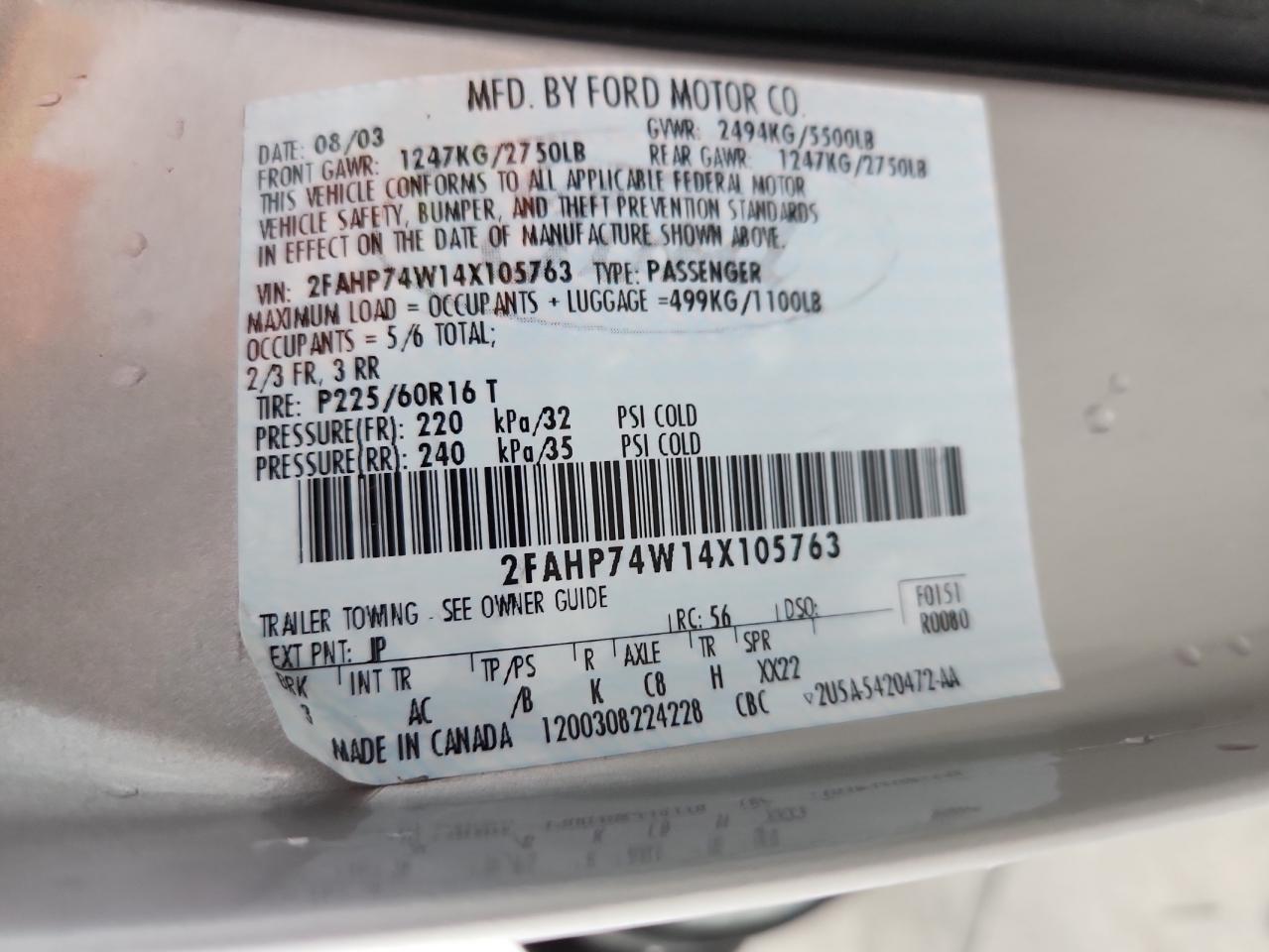 2004 Ford Crown Victoria Lx VIN: 2FAHP74W14X105763 Lot: 80833475