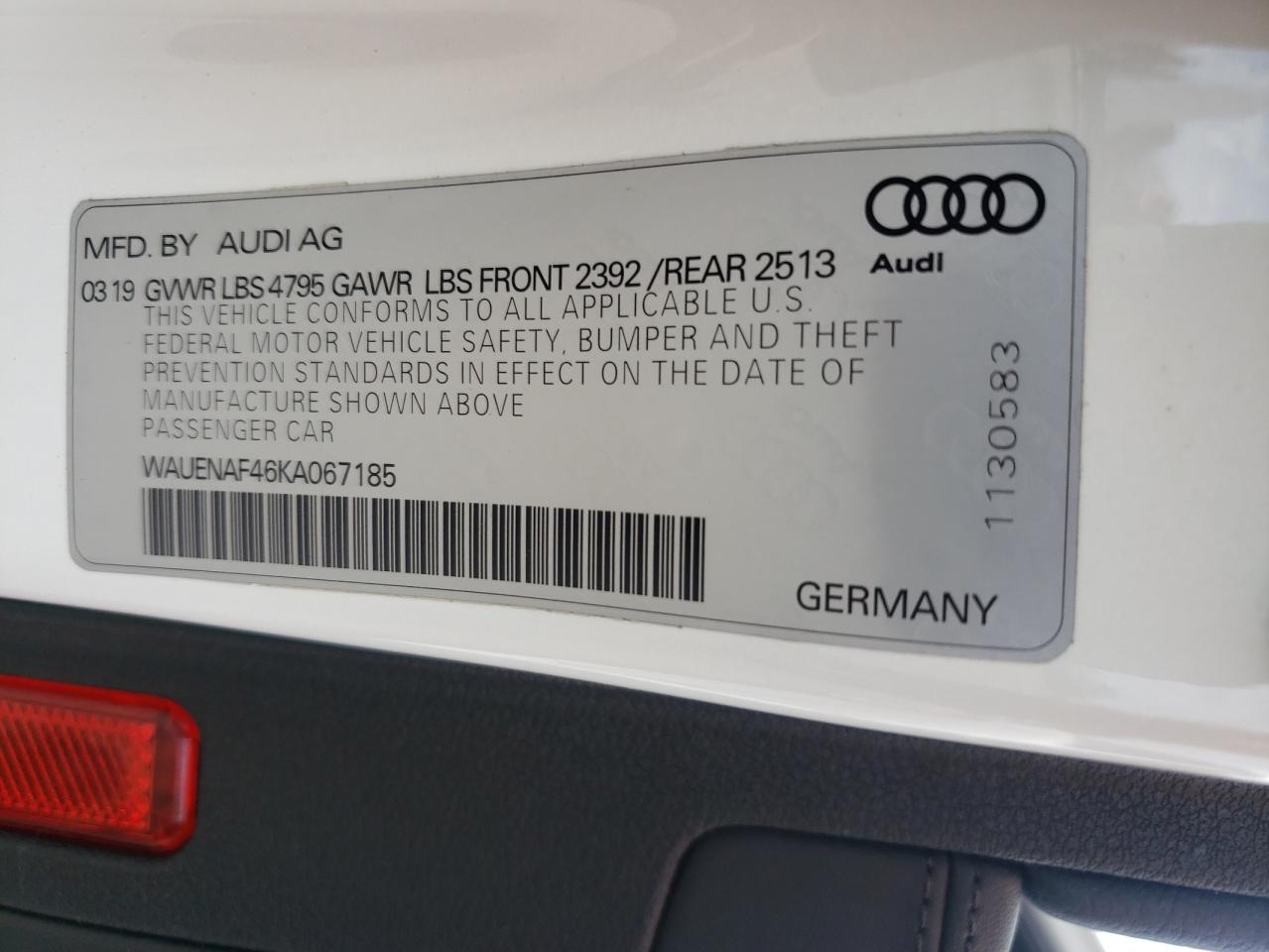 2019 Audi A4 Premium Plus VIN: WAUENAF46KA067185 Lot: 81301515