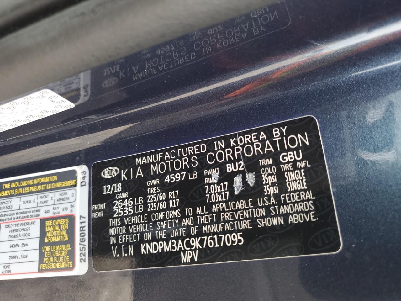 2019 Kia Sportage Lx VIN: KNDPM3AC9K7617095 Lot: 81748225