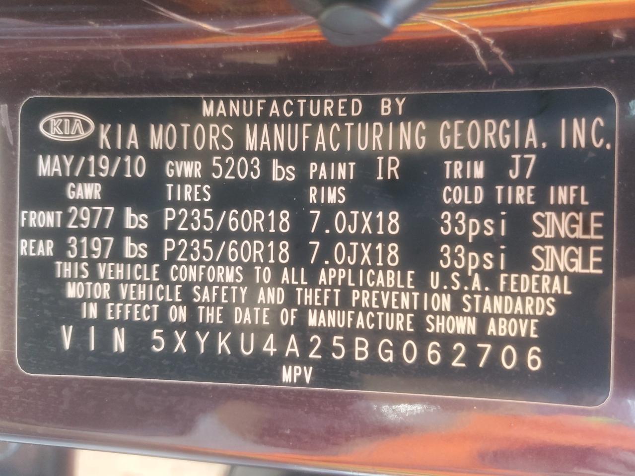 2011 Kia Sorento Ex VIN: 5XYKU4A25BG062706 Lot: 81881485