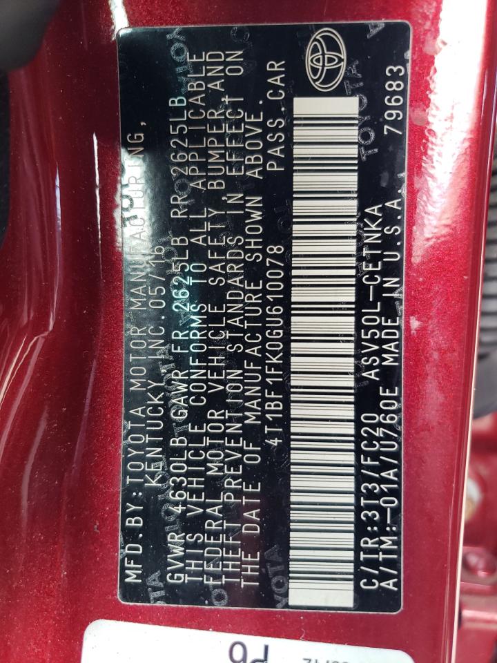 2016 Toyota Camry Le VIN: 4T1BF1FK0GU610078 Lot: 83749555