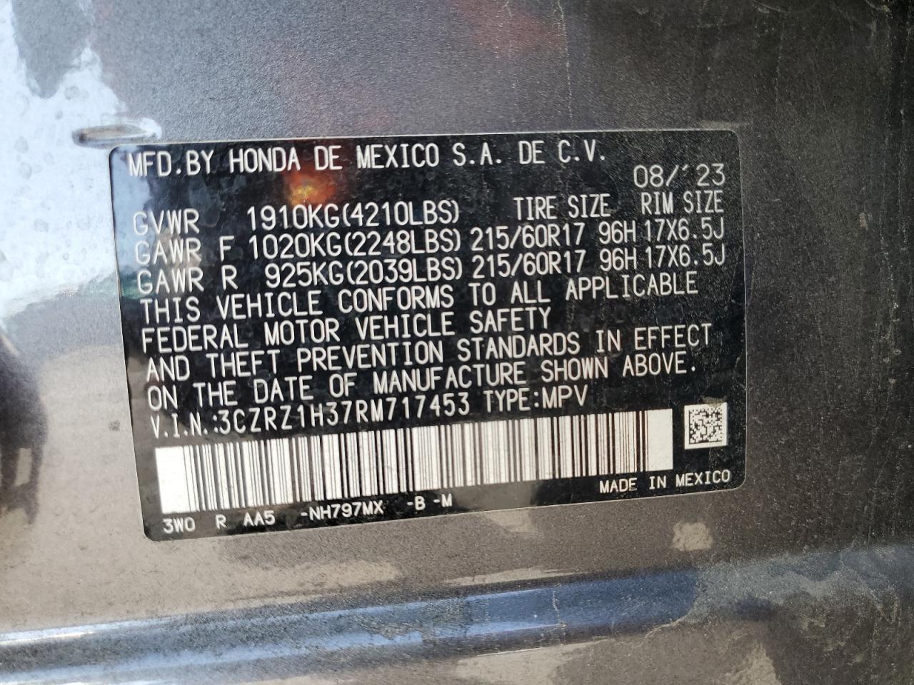 2024 Honda Hr-V Lx VIN: 3CZRZ1H37RM717453 Lot: 80872115