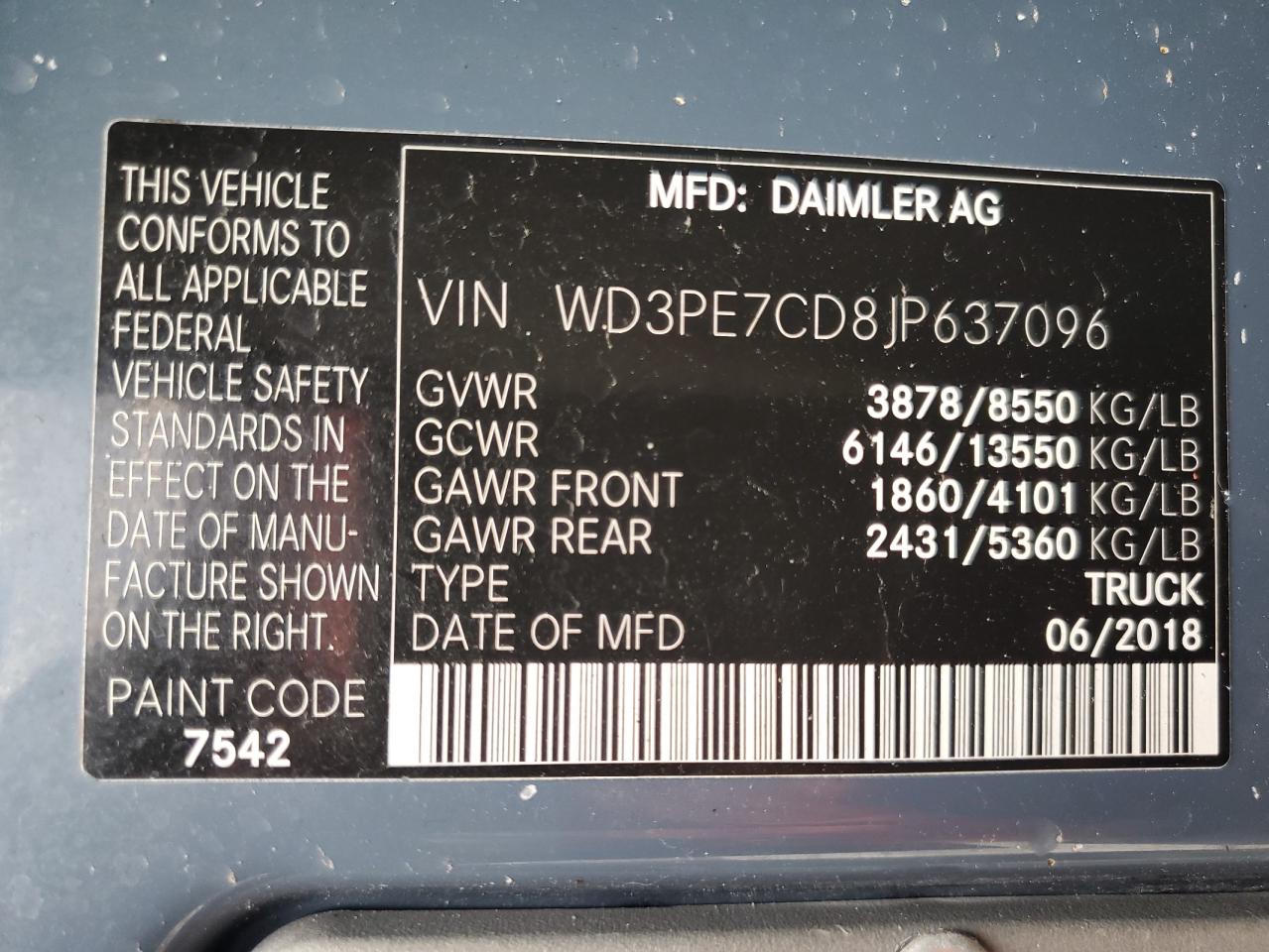 2018 Mercedes-Benz Sprinter 2500 VIN: WD3PE7CD8JP637096 Lot: 70309835