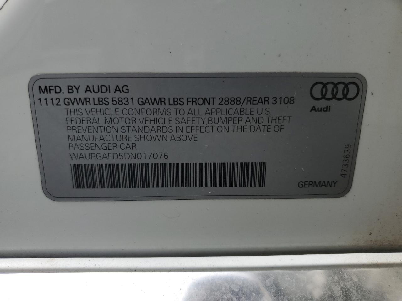2013 Audi A8 L Quattro VIN: WAURGAFD5DN017076 Lot: 81887635
