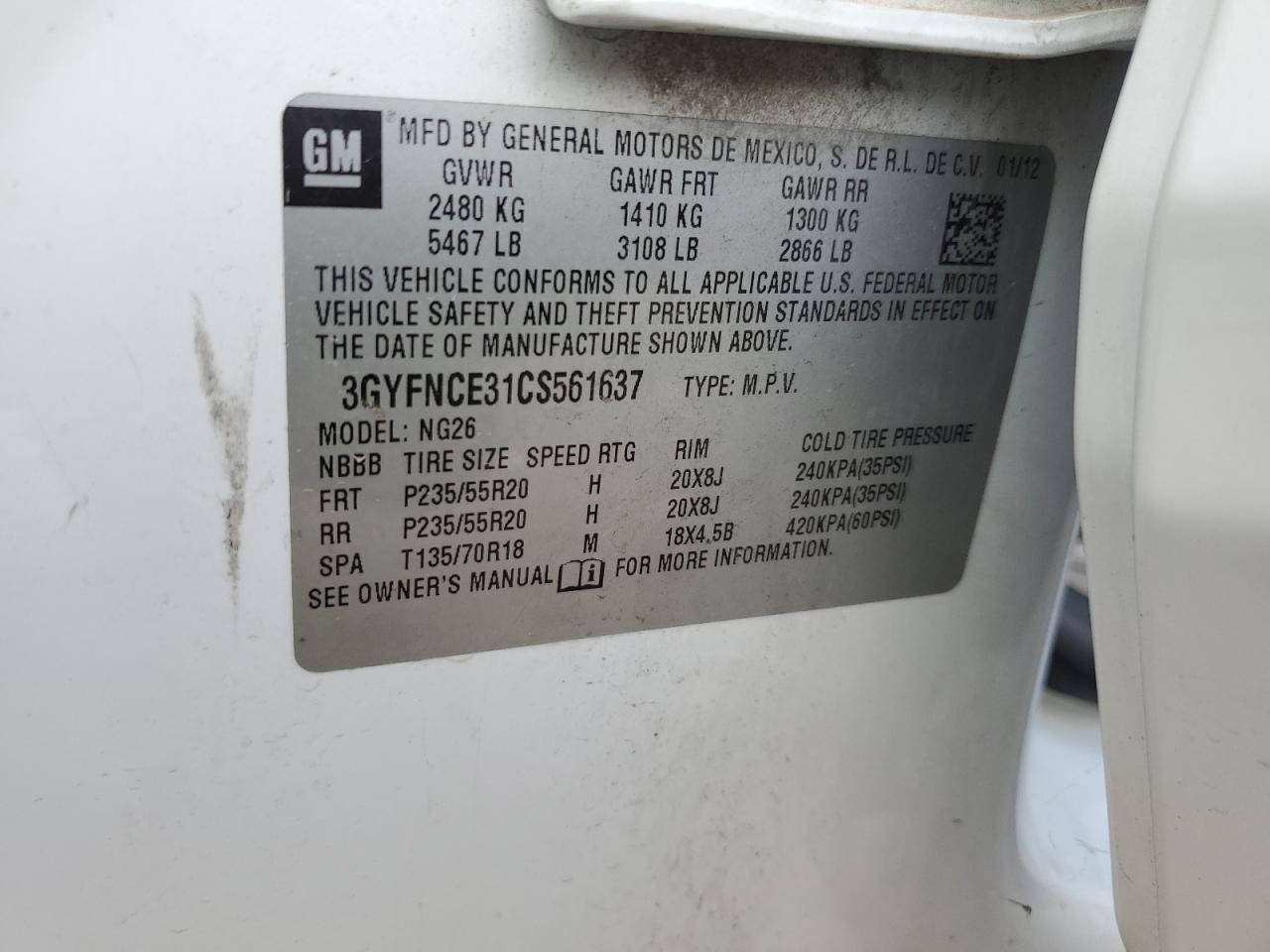 2012 Cadillac Srx Premium Collection VIN: 3GYFNCE31CS561637 Lot: 81665155