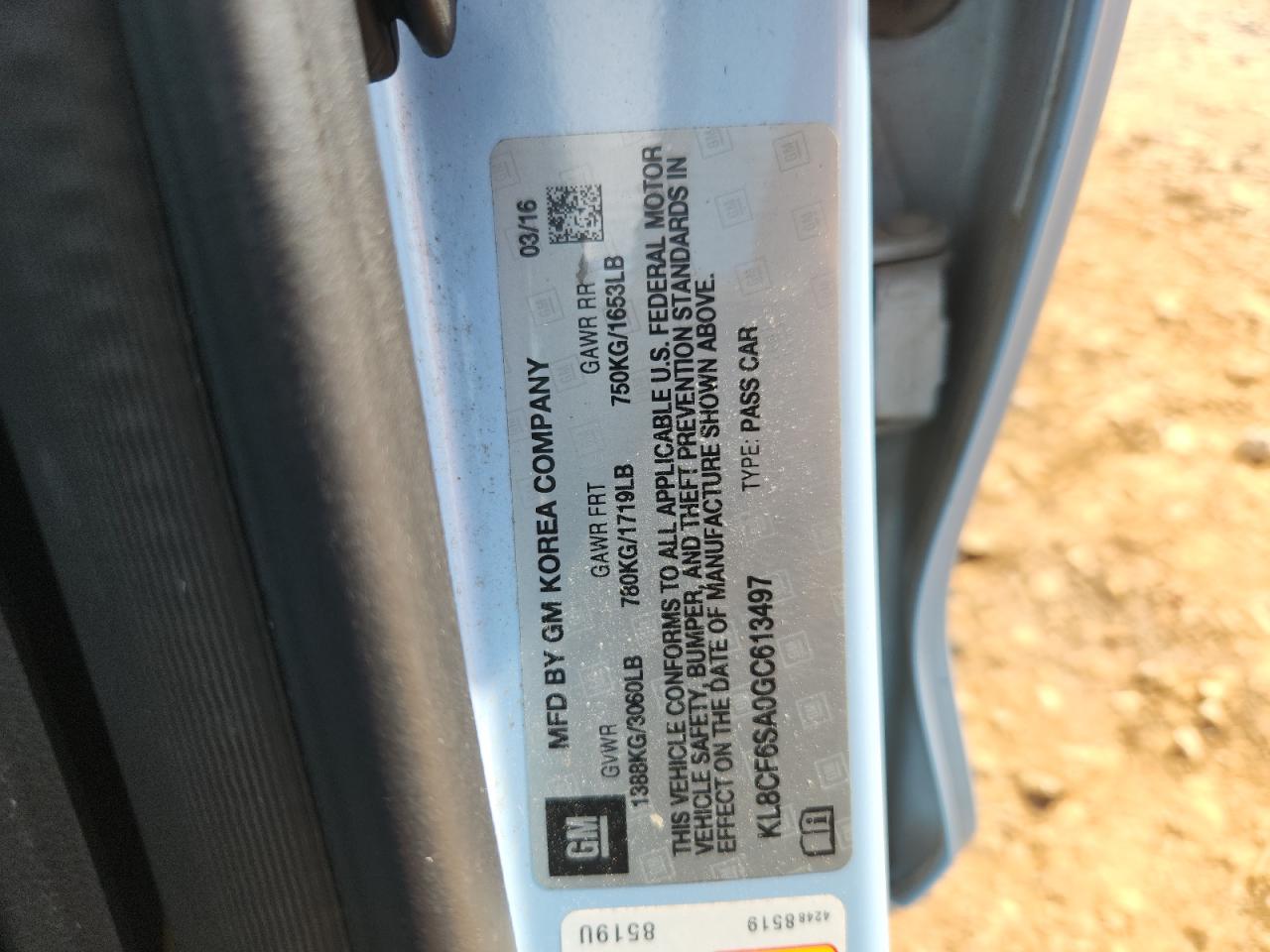 2016 Chevrolet Spark 2Lt VIN: KL8CF6SA0GC613497 Lot: 71387585