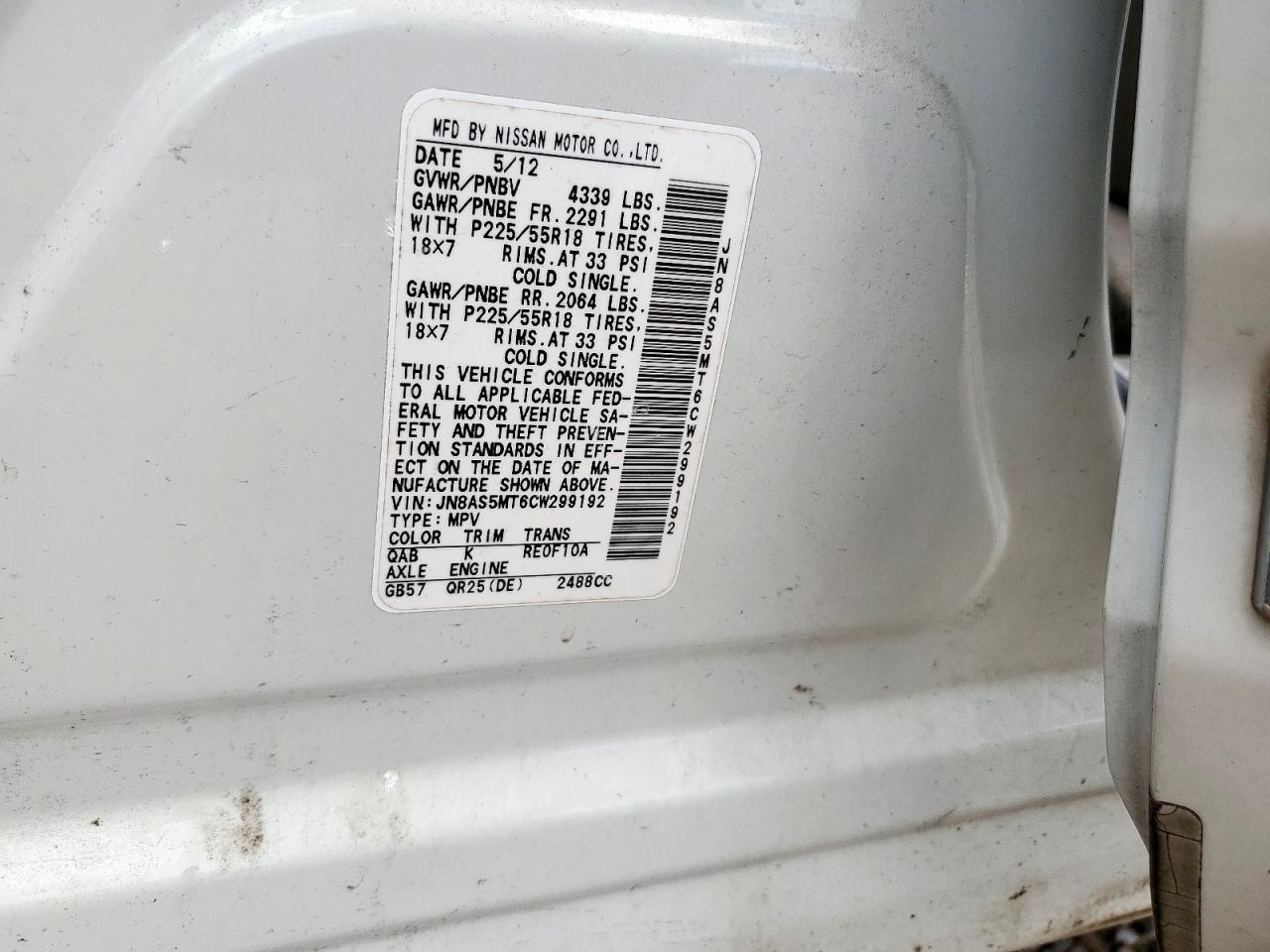 2012 Nissan Rogue S VIN: JN8AS5MT6CW299192 Lot: 82116115