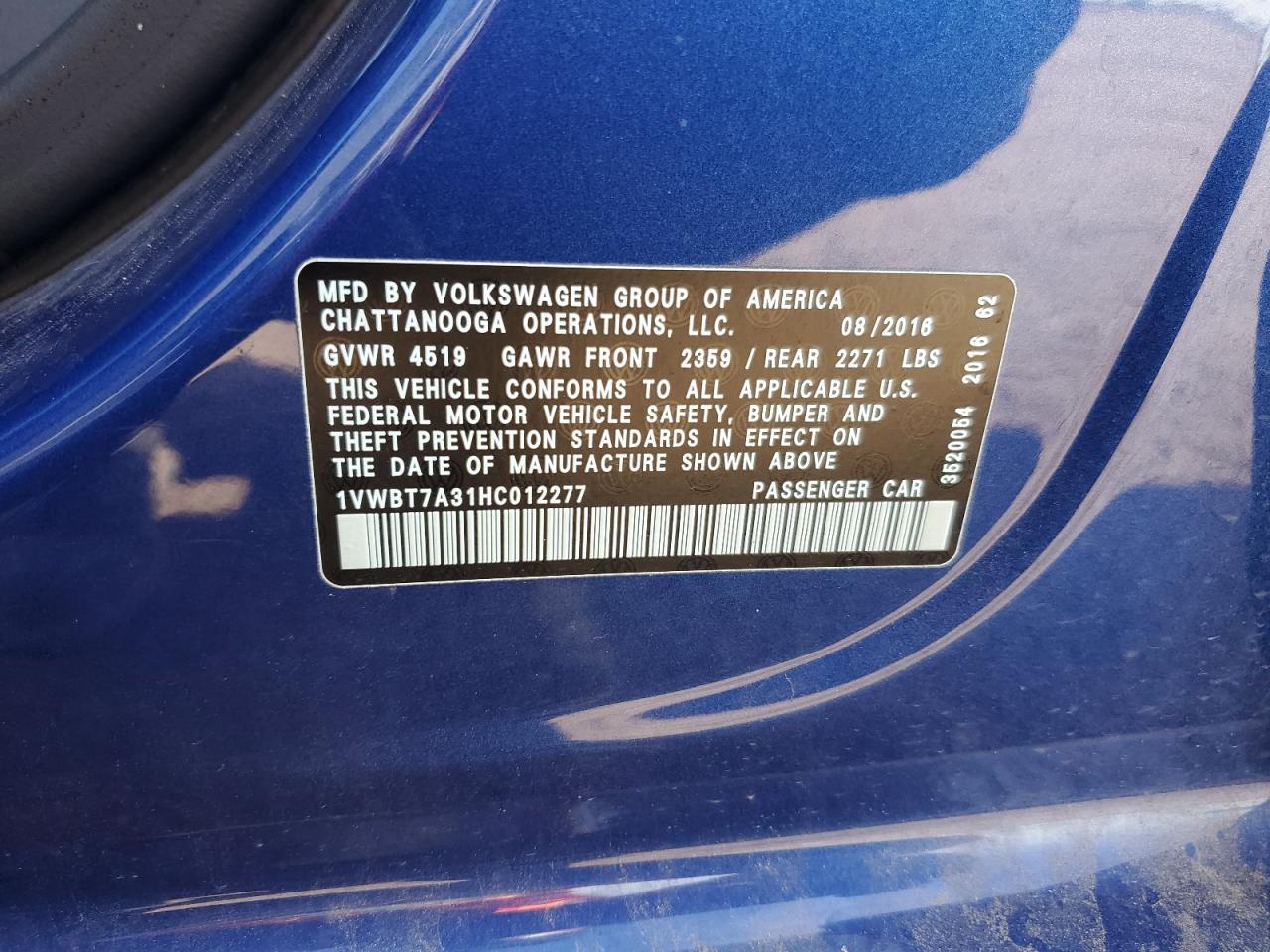 2017 Volkswagen Passat Se VIN: 1VWBT7A31HC012277 Lot: 81278185