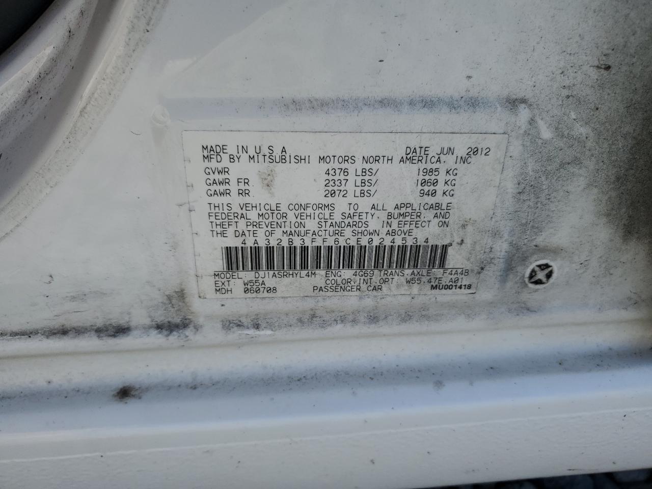 2012 Mitsubishi Galant VIN: 4A32B3FF6CE024534 Lot: 71721355