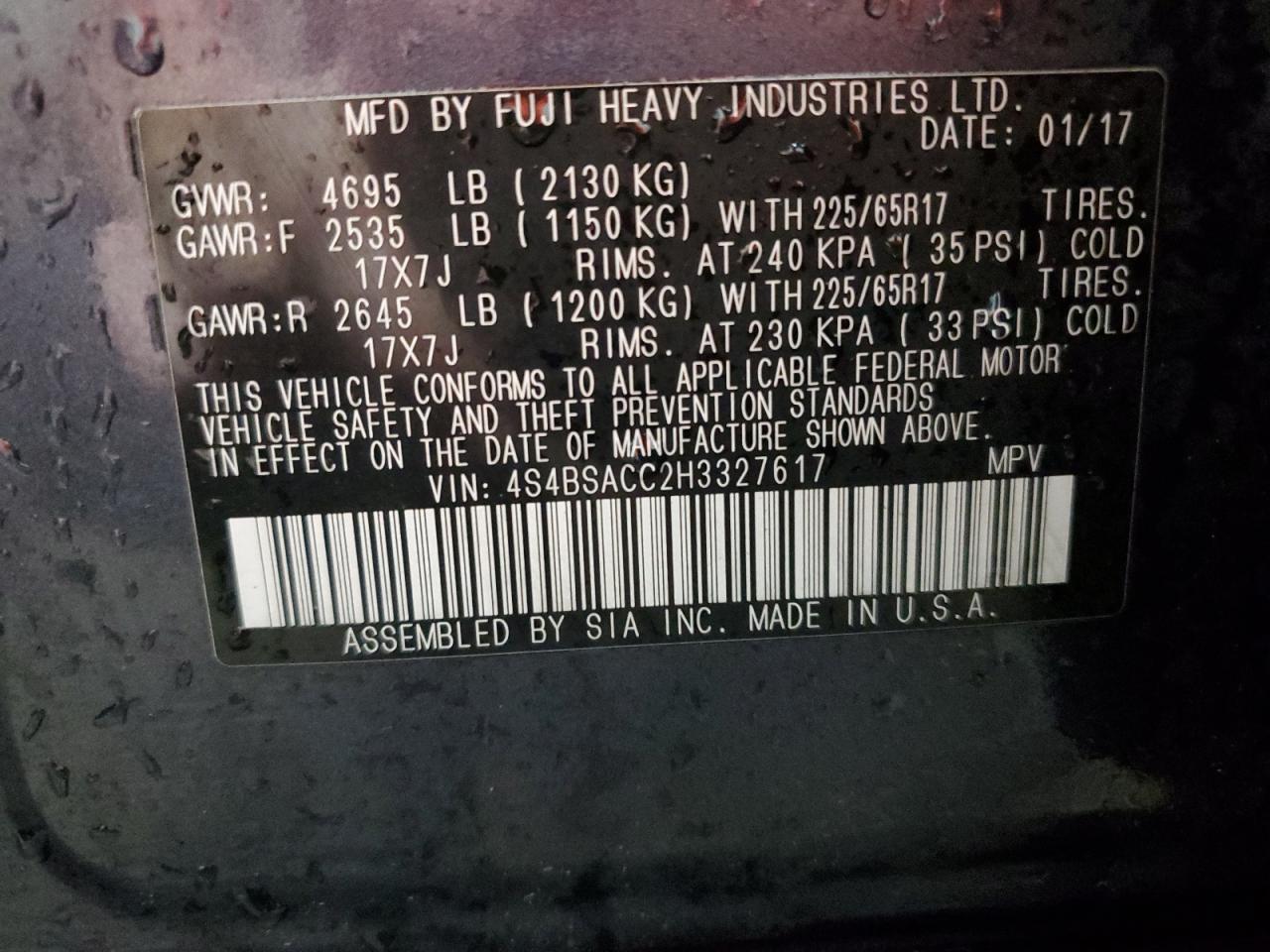 2017 Subaru Outback 2.5I Premium VIN: 4S4BSACC2H3327617 Lot: 83967315