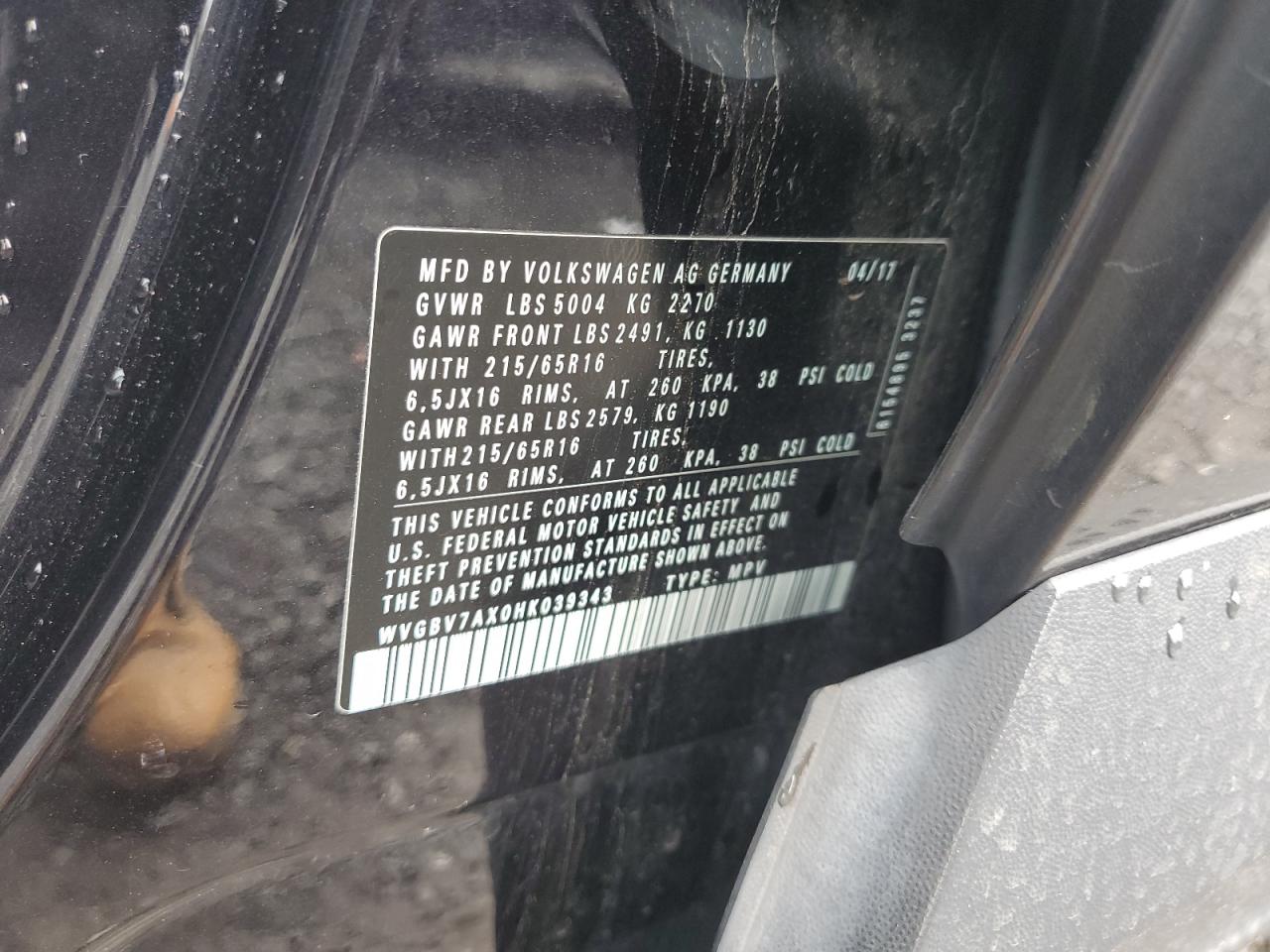 2017 Volkswagen Tiguan S VIN: WVGBV7AX0HK039343