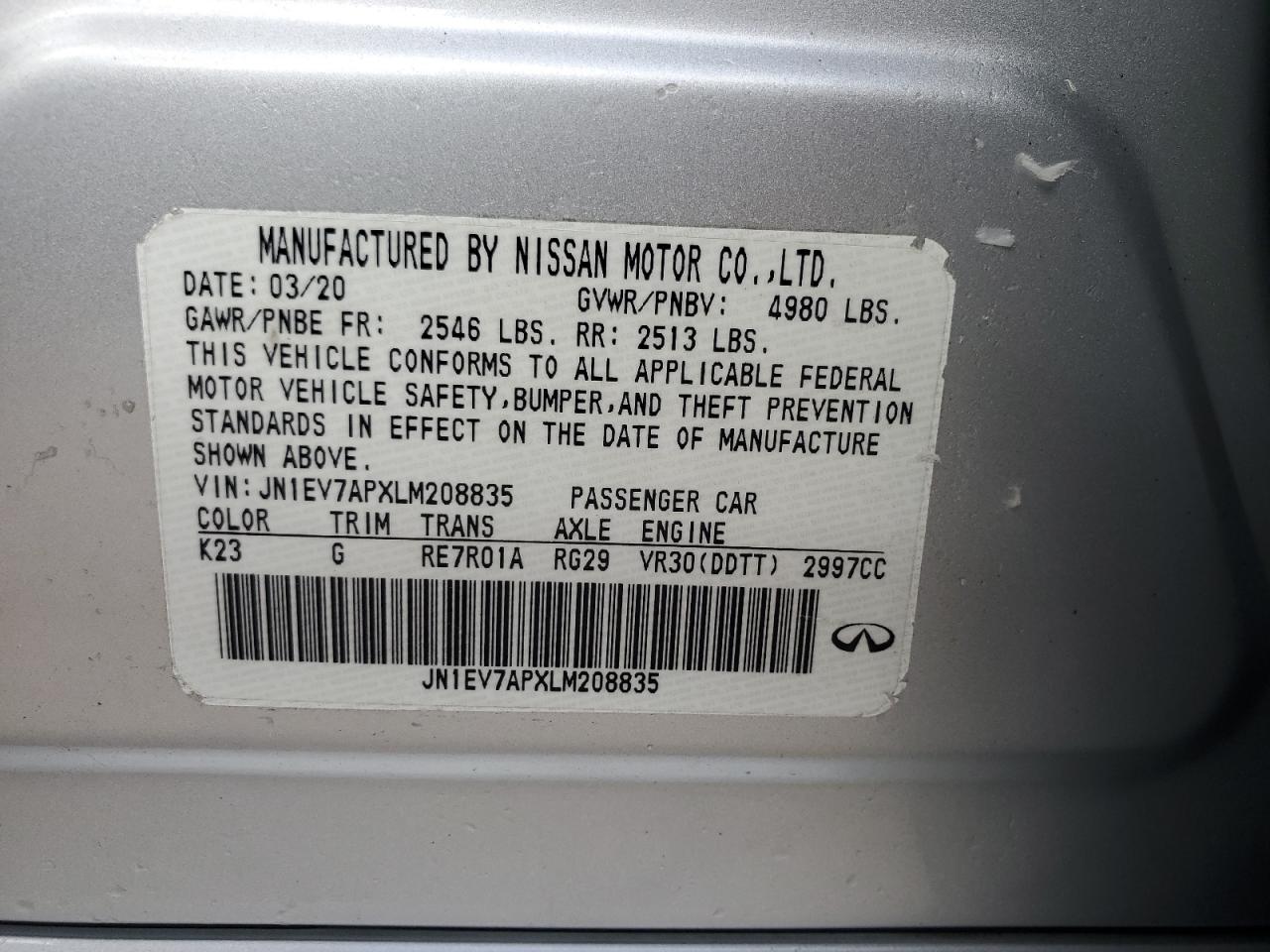 2020 Infiniti Q50 Pure VIN: JN1EV7APXLM208835 Lot: 84017435