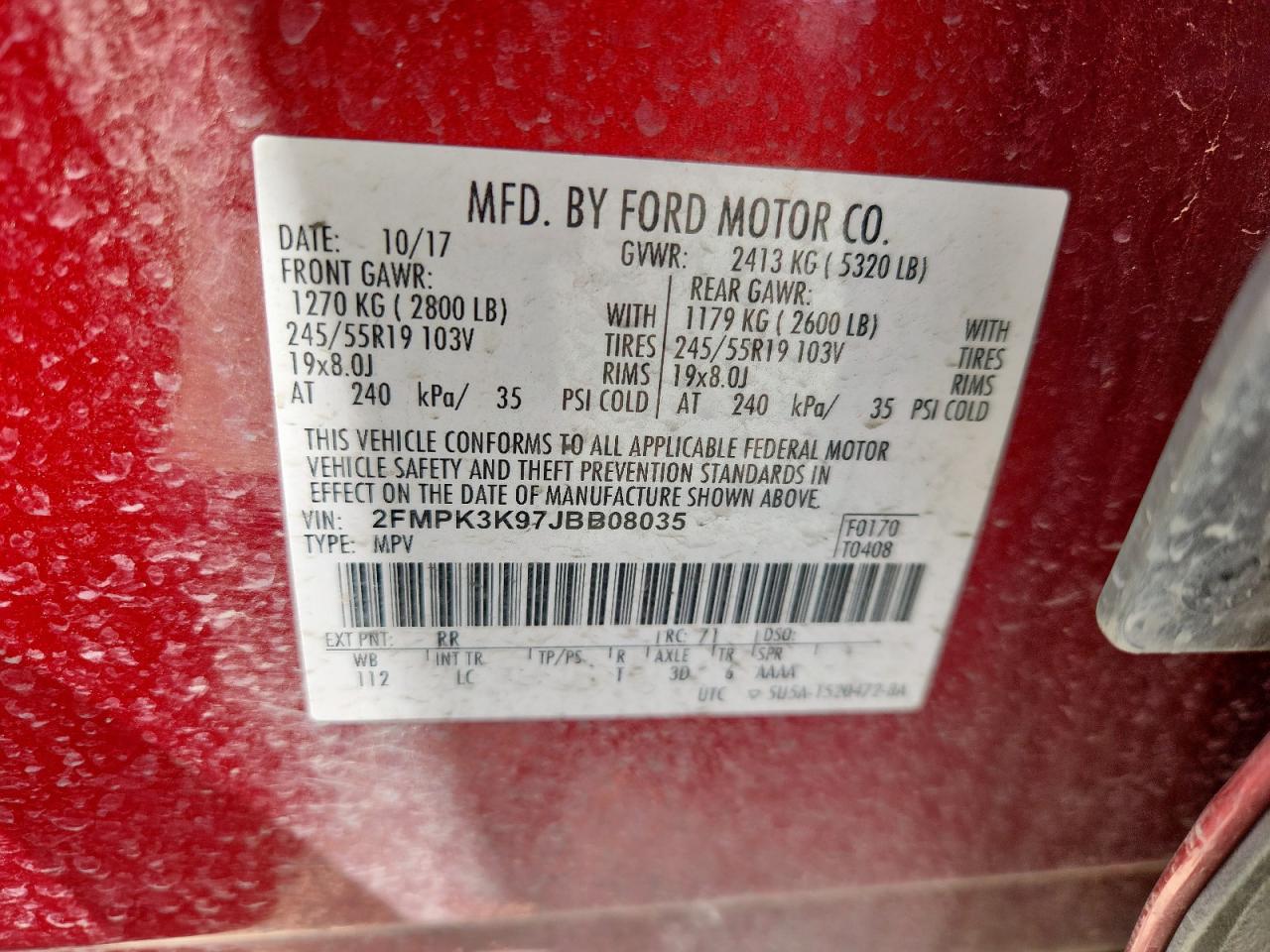 2018 Ford Edge Titanium VIN: 2FMPK3K97JBB08035 Lot: 72082015