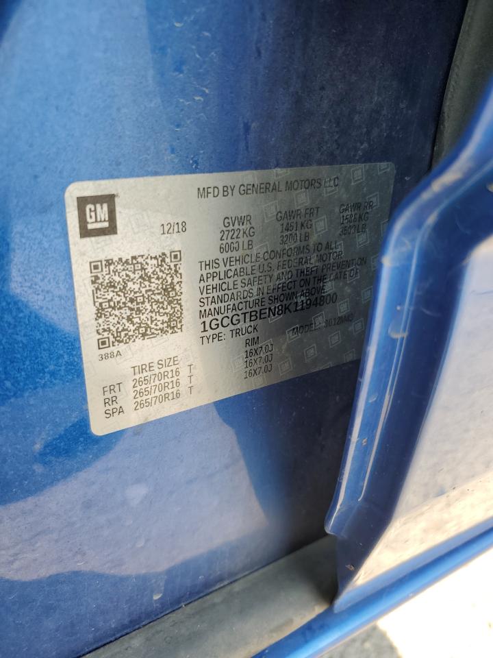 2019 Chevrolet Colorado VIN: 1GCGTBEN8K1194800 Lot: 80123645