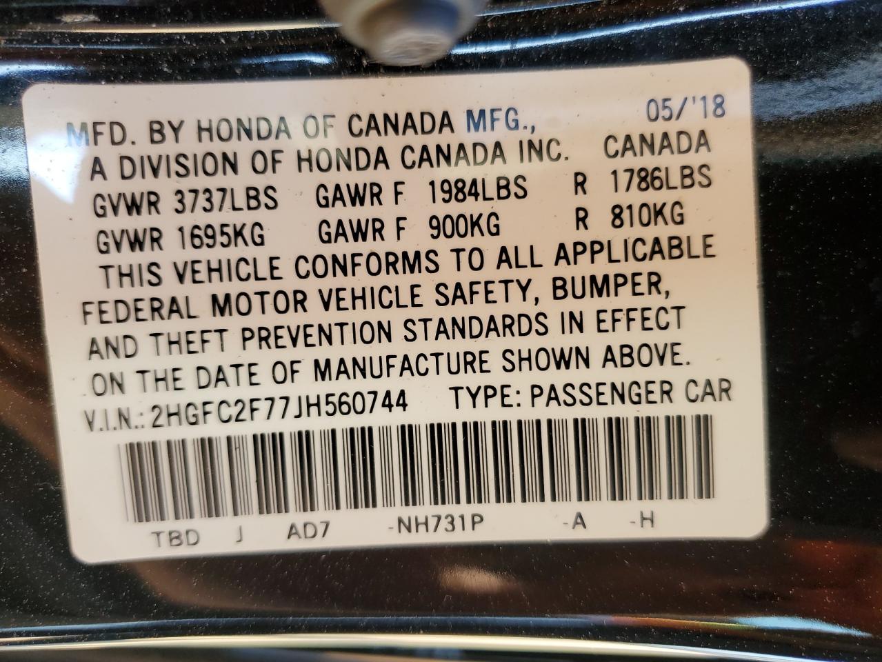 2018 Honda Civic Ex VIN: 2HGFC2F77JH560744 Lot: 81769825