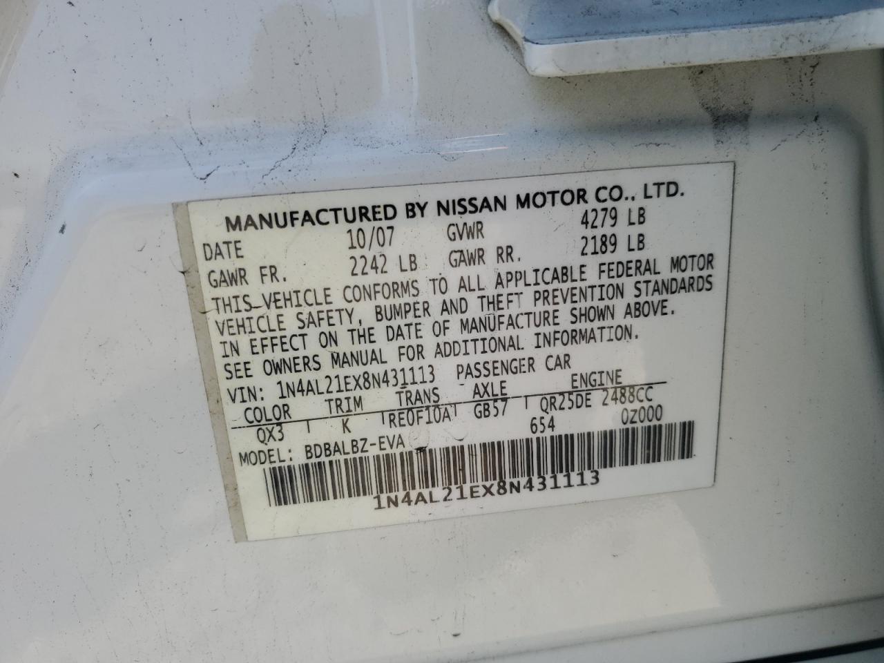 2008 Nissan Altima 2.5 VIN: 1N4AL21EX8N431113 Lot: 81736575