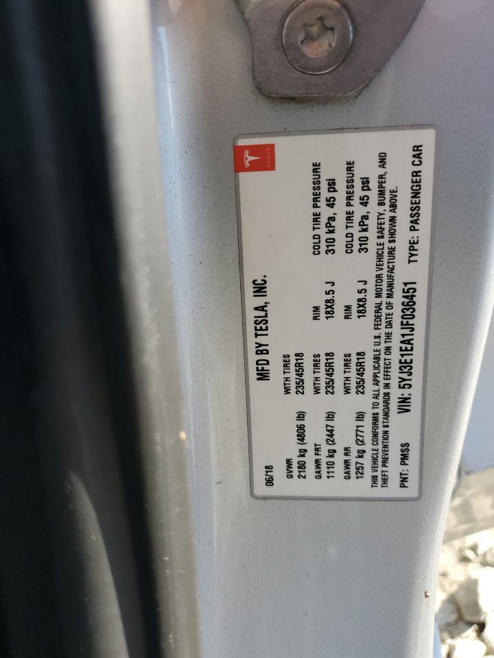 2018 Tesla Model 3 VIN: 5YJ3E1EA1JF036451 Lot: 81215375