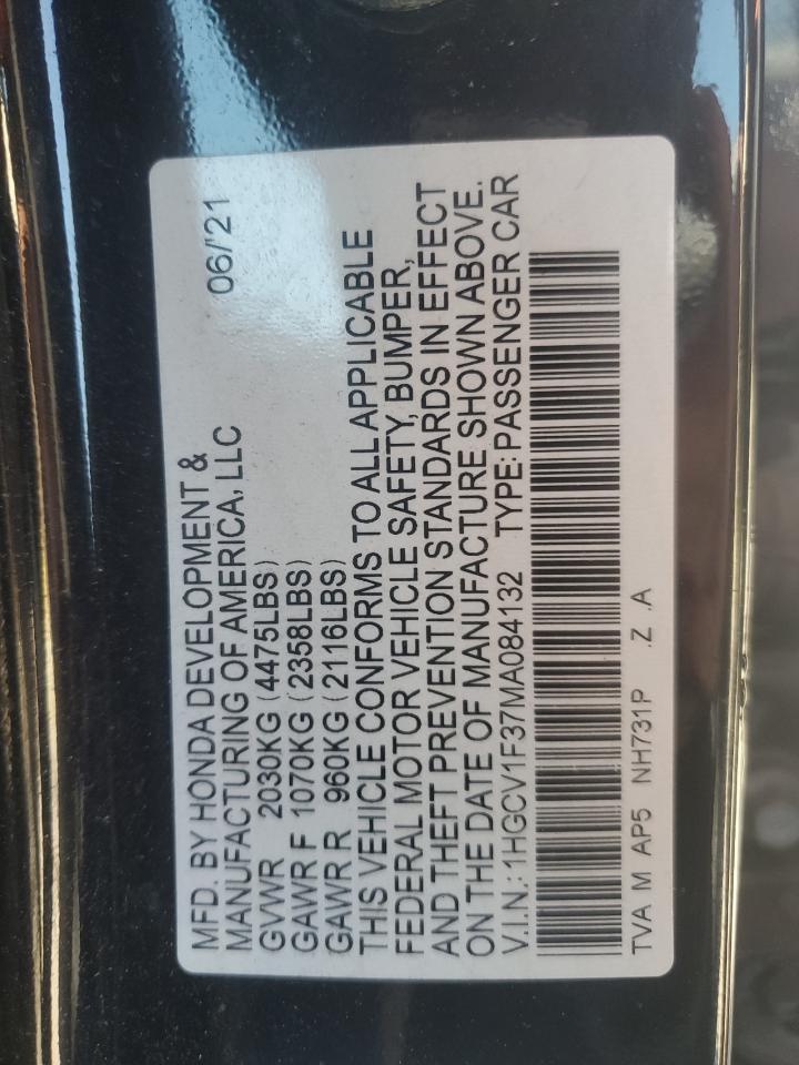 2021 Honda Accord Sport VIN: 1HGCV1F37MA084132 Lot: 80790695