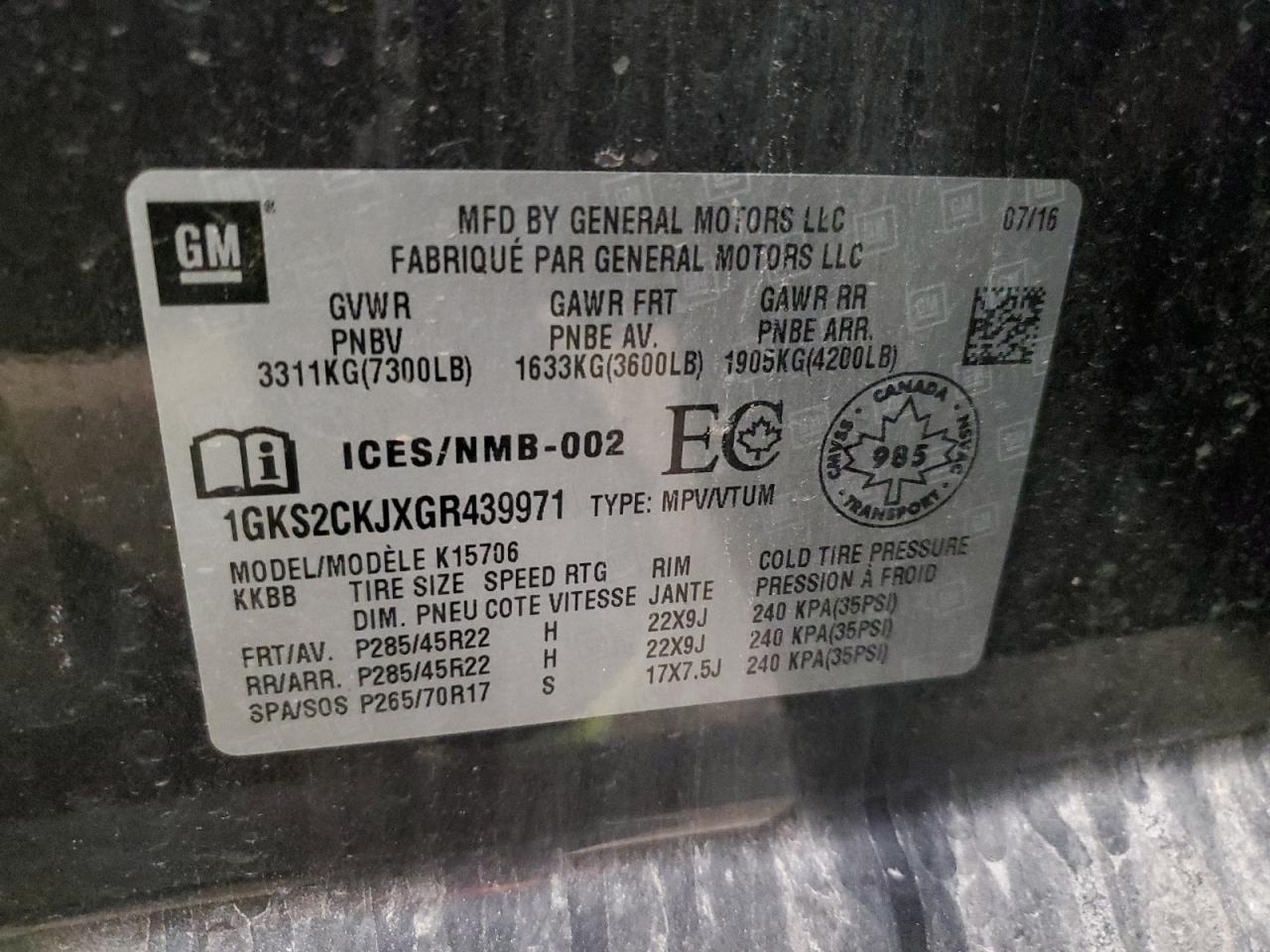 2016 GMC Yukon Denali VIN: 1GKS2CKJXGR439971 Lot: 80875745