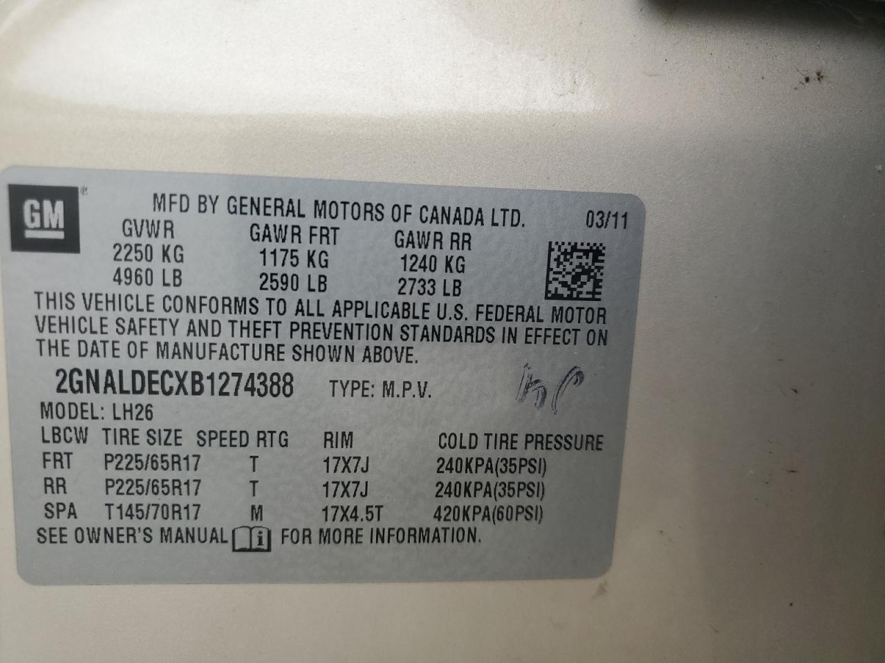 2011 Chevrolet Equinox Lt VIN: 2GNALDECXB1274388 Lot: 81560515