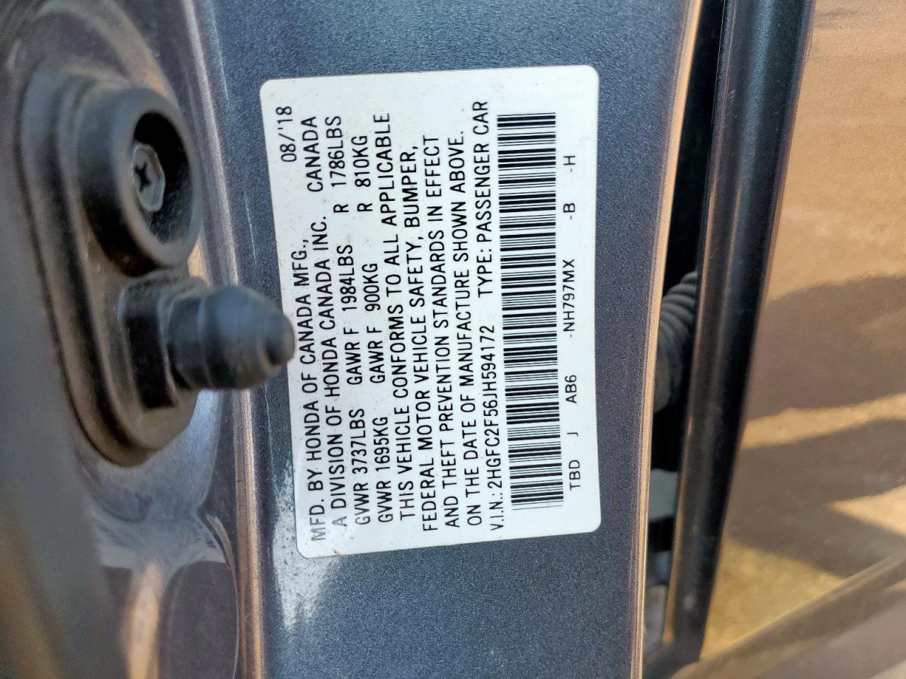 2018 Honda Civic Lx VIN: 2HGFC2F56JH594172 Lot: 72056105