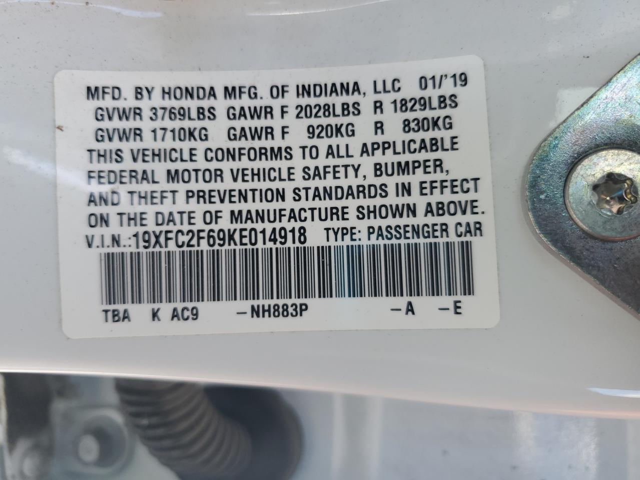 2019 Honda Civic Lx VIN: 19XFC2F69KE014918 Lot: 71185925