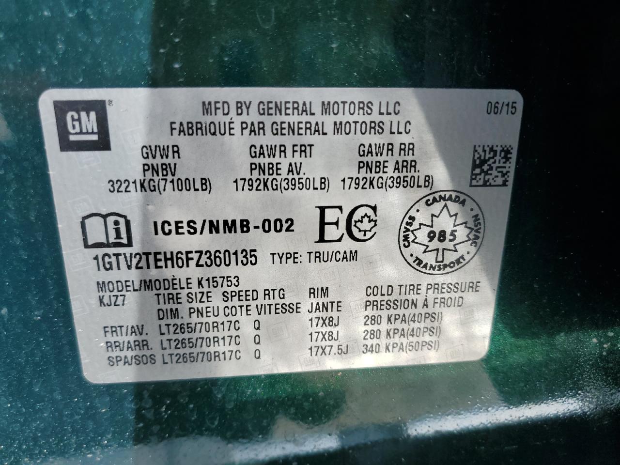 2015 GMC Sierra K1500 VIN: 1GTV2TEH6FZ360135 Lot: 71114565