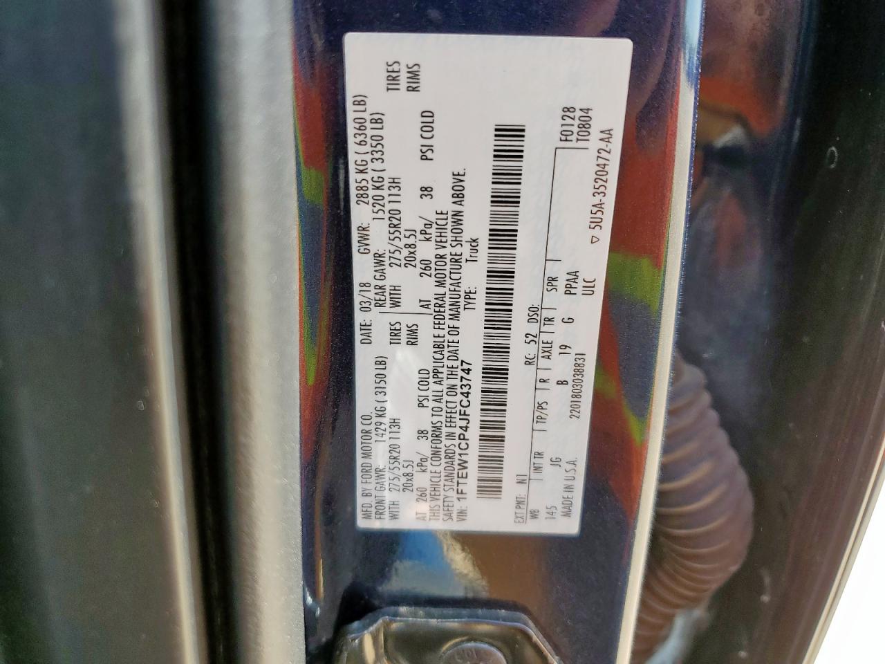 2018 Ford F150 Supercrew VIN: 1FTEW1CP4JFC43747 Lot: 71497675