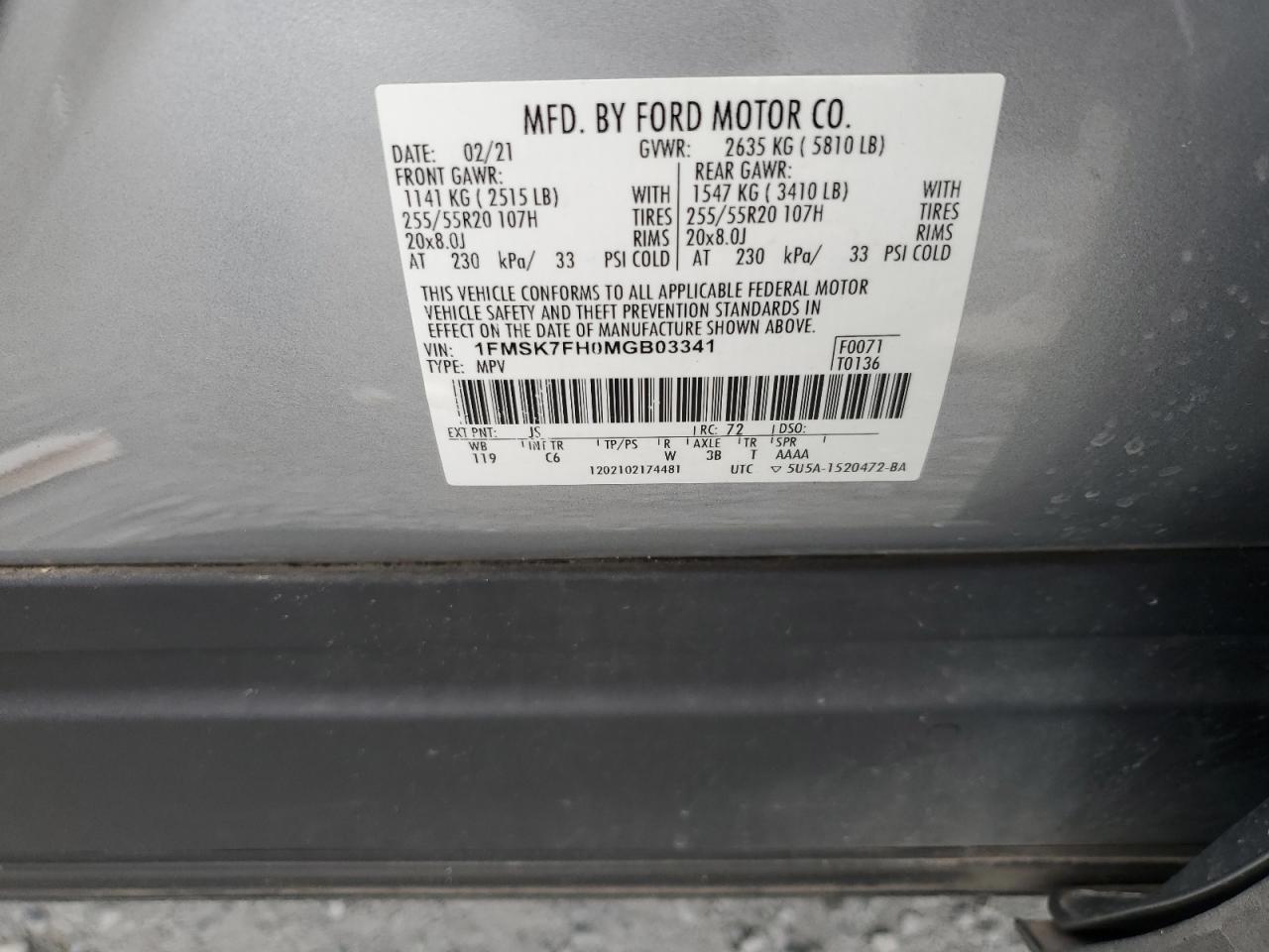 2021 Ford Explorer Limited VIN: 1FMSK7FH0MGB03341 Lot: 72030595