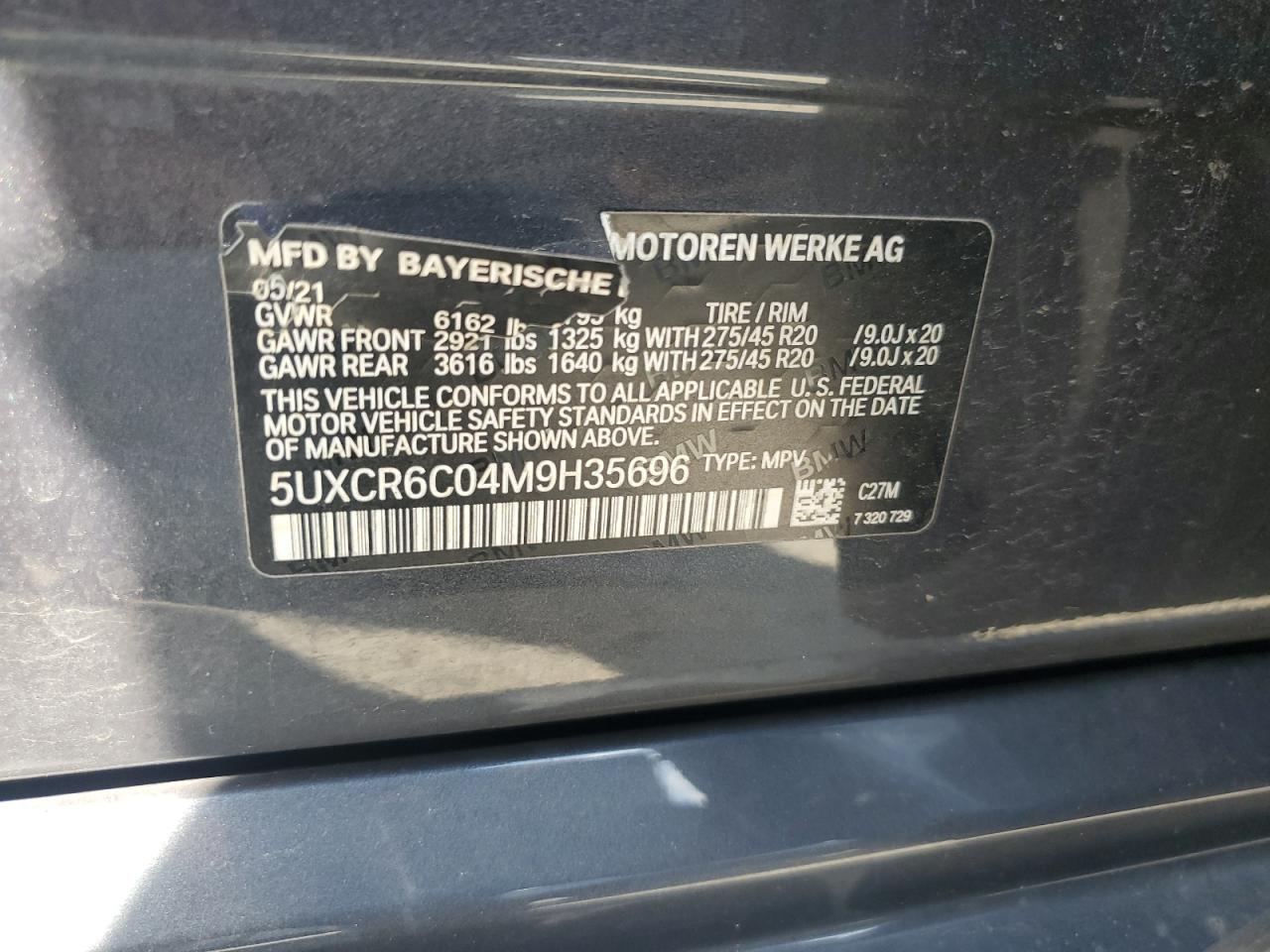 2021 BMW X5 xDrive40I VIN: 5UXCR6C04M9H35696 Lot: 81347505